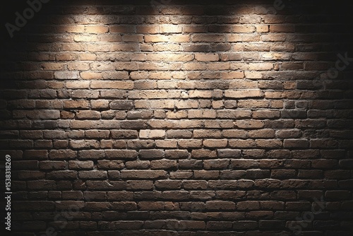 Brick wall illuminated by three spotlights creating a dramatic dark and light effect.