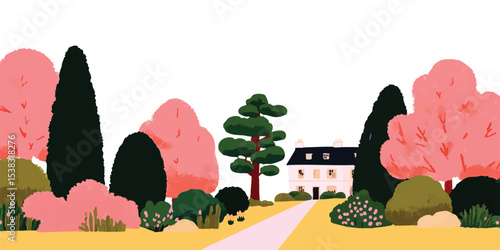 A charming illustration captures a picturesque scene of a house, surrounded by lush gardens and verdant foliage, the scene invites a sense of serenity and harmony.