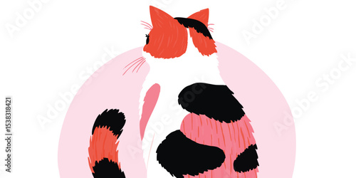 A charming illustration of a Calico cat, with its unique coat pattern, depicted in a minimalist and vibrant design. The cat's form is rendered with a focus on its striking coloration.