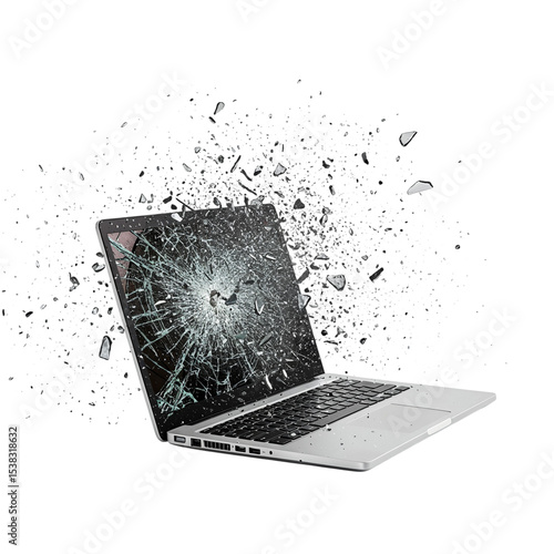 Shattered laptop screen explosion isolated on transparent background