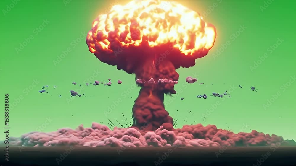 nuclear blast green screen with stylized blue-ring shockwave and central fireball