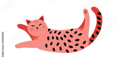 A playful illustration of a relaxed, spotted cat, joyfully enjoying a moment of playful rest. the cat's contentment and carefree nature captured in this charming, cartoon-style artwork.