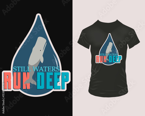 Vector on dark tee: stylised whale in teal-blue droplet, retro gradient text “RUN DEEP” pops coral-red. Perfect gift for sailors, ocean activists, college wear or motivational poster.