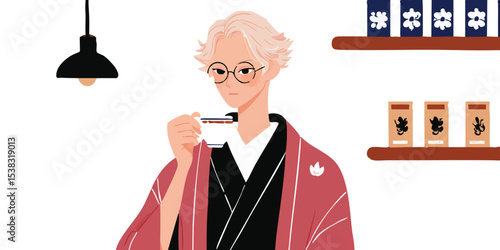 A serene individual in traditional garb savoring tea in a minimalist setting, blending cultural richness with moments of contemplation.