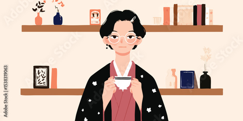 A portrait of a thoughtful individual surrounded by the cozy ambiance of a study room, elegantly portrayed through a minimalist illustration style. 