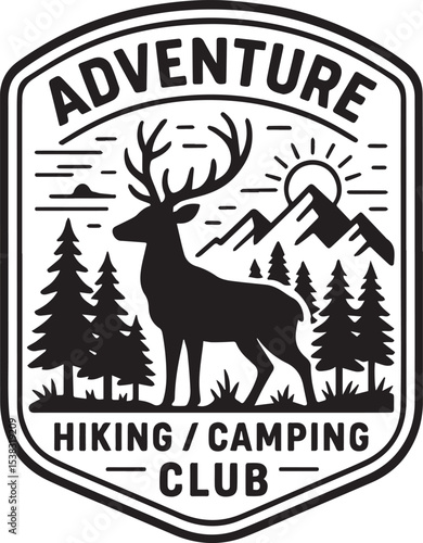 Vintage Outdoor Adventure Club Badge with Deer and Mountains