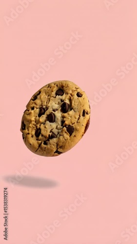 Freshly Baked Chocolate Chip Cookie Floating on Pink Background