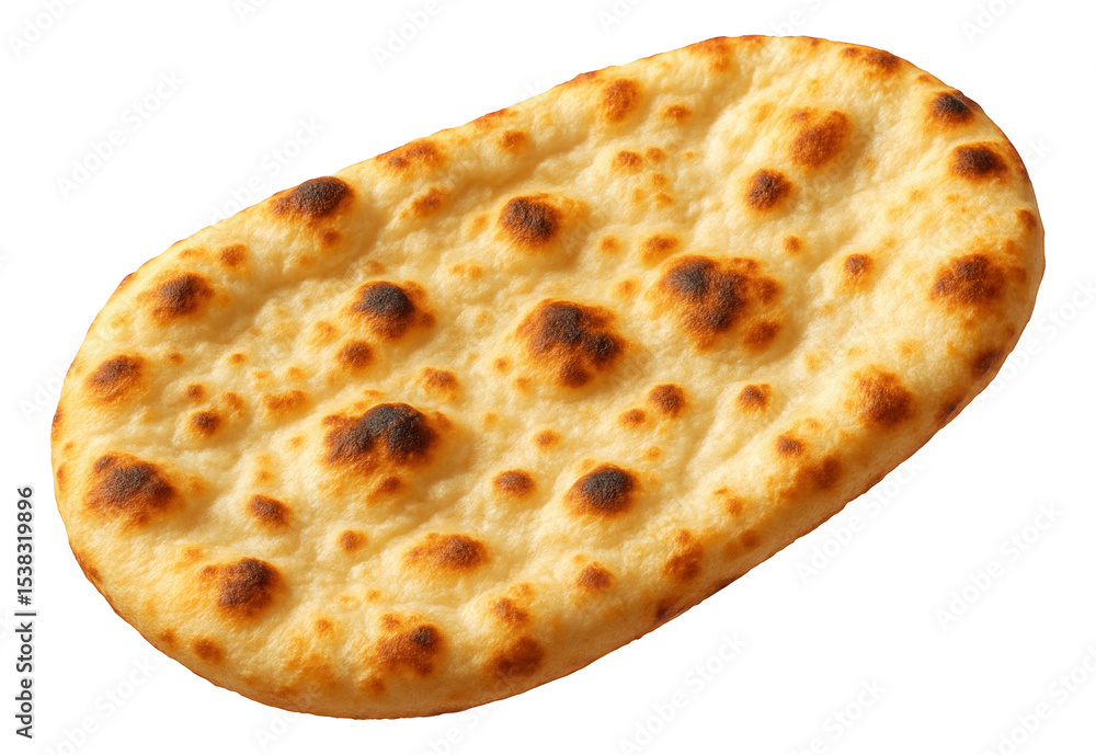 Oval-shaped flatbread with a golden, charred surface texture. Oval-shaped flatbread with a golden, charred surface texture.