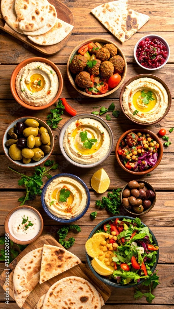 An overhead shot presents a vibrant and appetizing assortment of Middle Eastern dips, salads, and breads arranged on a rustic wooden table for sha. An overhead shot presents a vibrant and appetizing assortment of Middle Eastern dips, salads, and breads arranged on a rustic wooden table for sha.