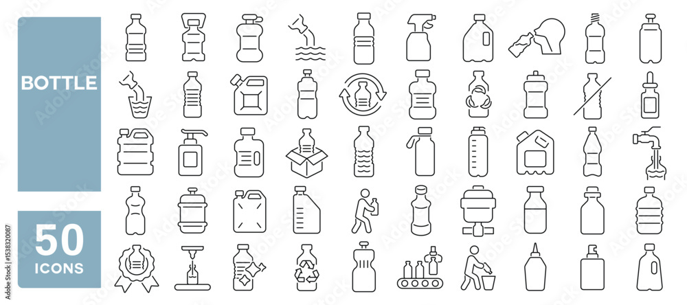 Set of 50 line icons related to bottle, plastic bottle, liquid, water bottles, Editable stroke. Vector illustration Set of 50 line icons related to bottle, plastic bottle, liquid, water bottles, Editable stroke. Vector illustration