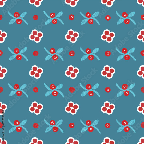 Seamless pattern red berries teal background