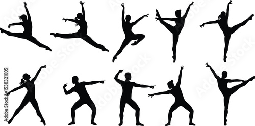 Silhouette dancers in various poses performing, ballet and contemporary dance movements, artistic figures in action, graceful body movements, and dynamic dance illustrations concept