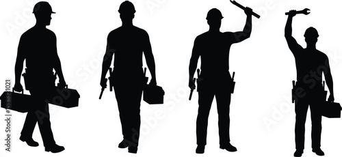 Silhouette of construction workers holding tools and toolboxes, builder figures with hard hats, repairman poses, industrial labor force concept and handyman shadow illustration