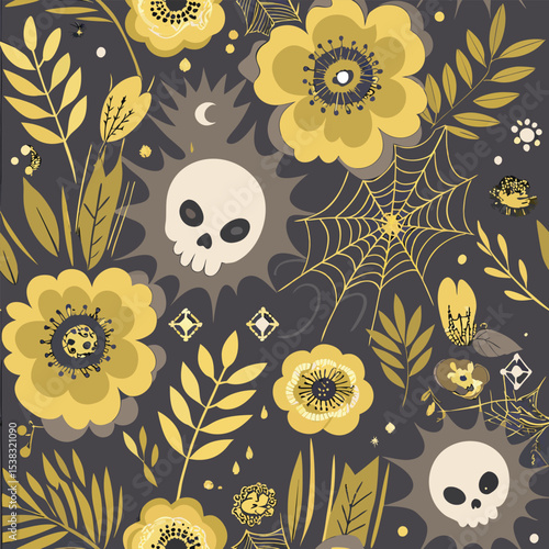 Dark floral halloween seamless pattern with skulls