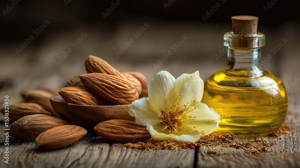 almond oil on a background of almond nuts and almond blossom, on a wooden stand in natural light almond oil on a background of almond nuts and almond blossom, on a wooden stand in natural light