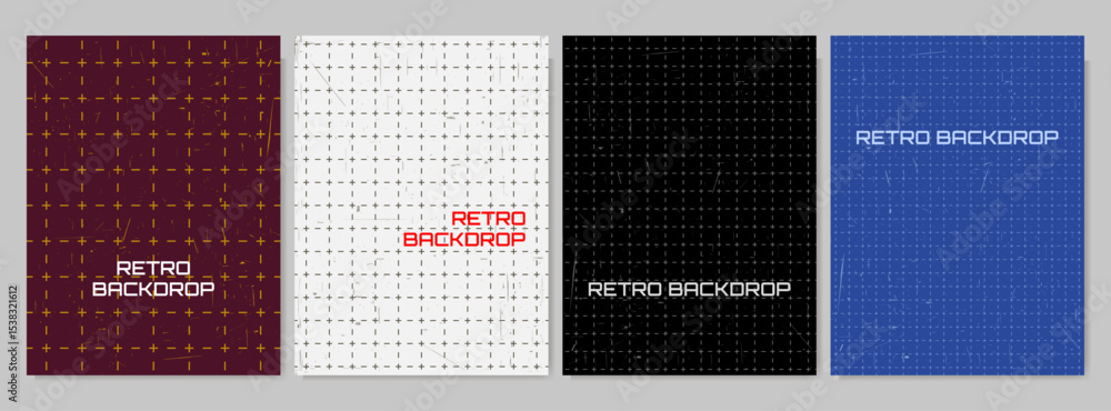 Naklejka premium Vector illustration. Grid pattern of dashed line with scratched texture background. Set of flat style backdrops. Design elements for poster, cover, gift card, flyer, social media, marketing, ad.