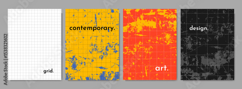 Vector illustration. Grid pattern with scratched texture background. Set of flat style backdrops. Design elements for poster, cover, gift card, flyer, social media, marketing, ad. Topographic style