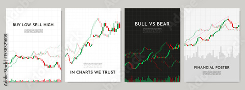 Vector illustration. Set of trading charts and graphs background. Element for design poster, book cover, magazine, layout, flyer, advertising. Stock market or crypto concept. Global financial system