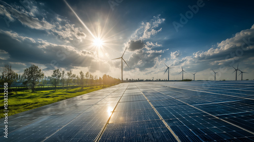 Sustainable Energy Solar Panels and Wind Turbines at Sunset