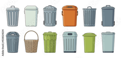 Collection of Various Trash Cans and Recycling Bins