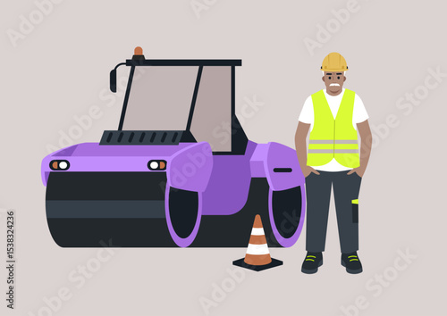 Brightly illustrated scene where a senior engineer in a safety vest stands confidently next to a purple steamroller, Cones indicate ongoing work at a lively construction site, emphasizing safety