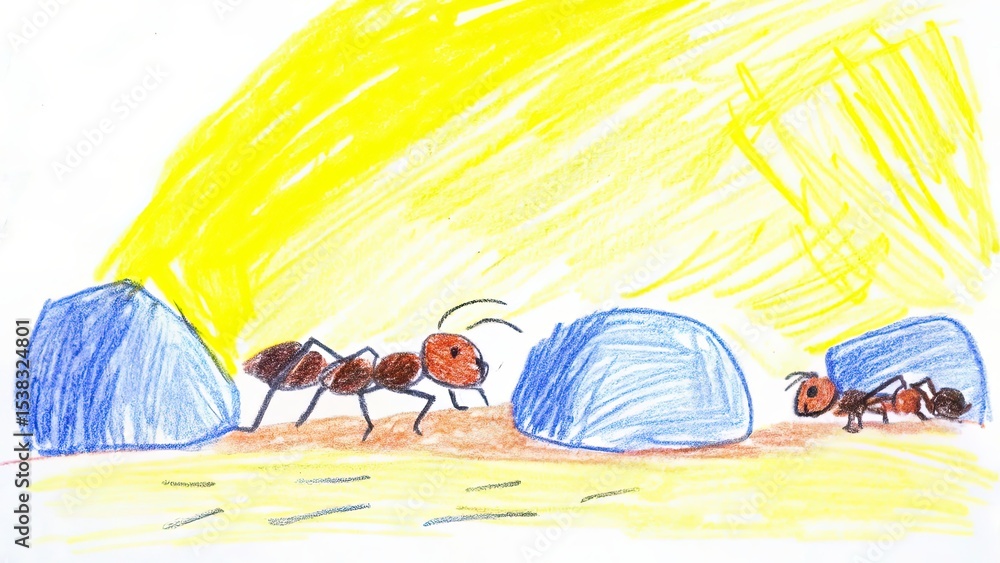 Obraz premium A crayon drawing of two ants near blue rocks under a yellow sky or background art