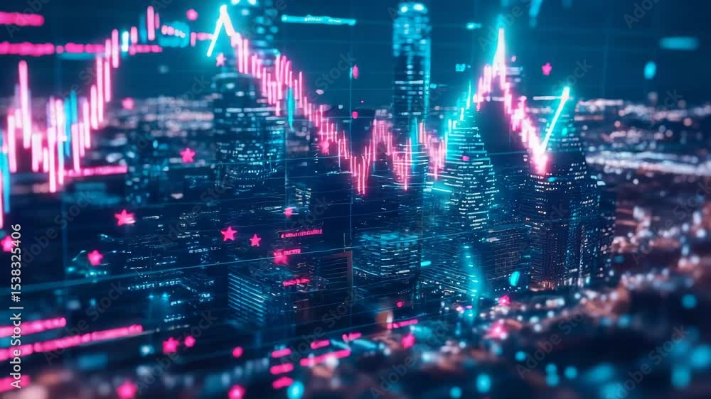 Financial Chart Over Neon Cityscape Financial Chart Over Neon Cityscape