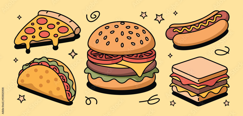 Delicious Fast Food Collection Burger, Pizza, Taco, Hot Dog, Sandwich Delicious Fast Food Collection Burger, Pizza, Taco, Hot Dog, Sandwich