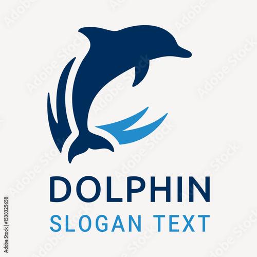 Dolphin logo with ocean wave elements in blue tones. Vector logo for branding in marine conservation, aquatic sports, ocean tourism, or eco-friendly enterprises