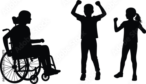 Inclusive children silhouette, wheelchair user with active kids, diversity in childhood, disability representation, accessible childhood, empowering youth, equality, 