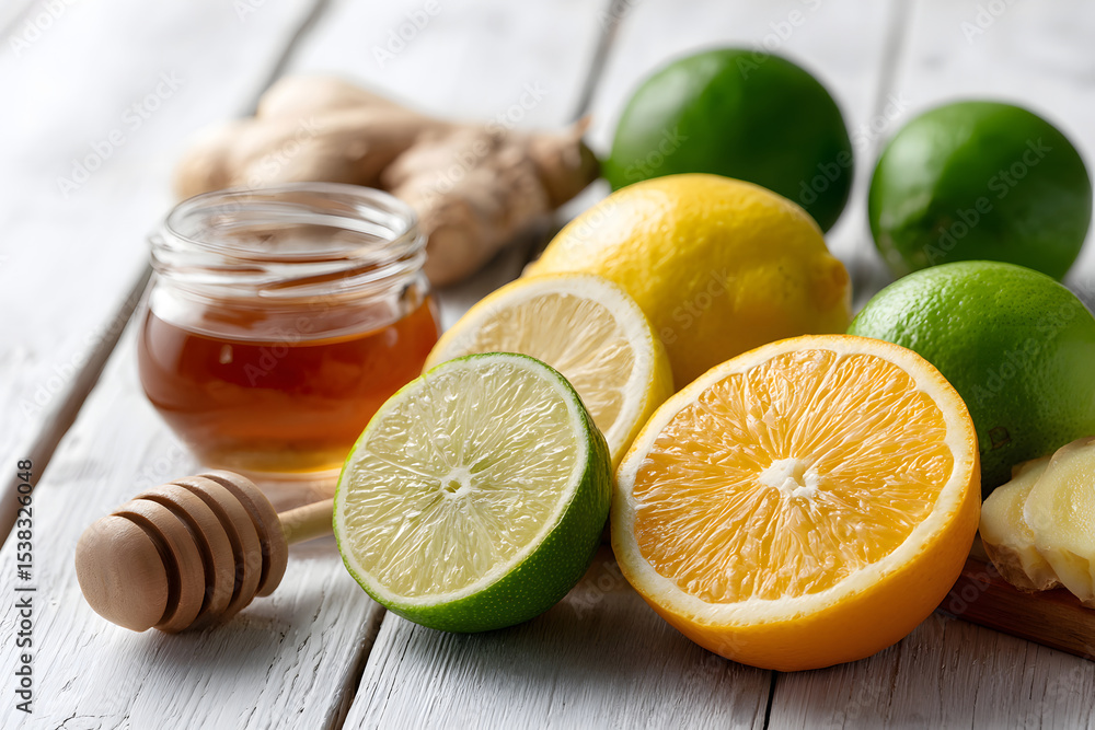 Fresh citrus fruits and honey are arranged on a wooden surface Generative AI Fresh citrus fruits and honey are arranged on a wooden surface Generative AI