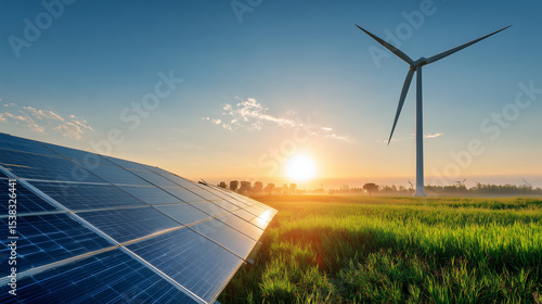 A picturesque sunset illuminates solar panels and a wind turbine in a lush green field, symbolizing sustainable and renewable energy sources.