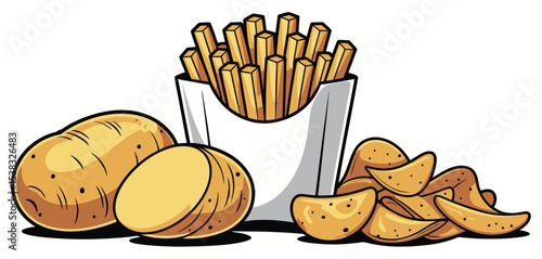 French Fries Potato Chips and Whole Potatoes Illustration