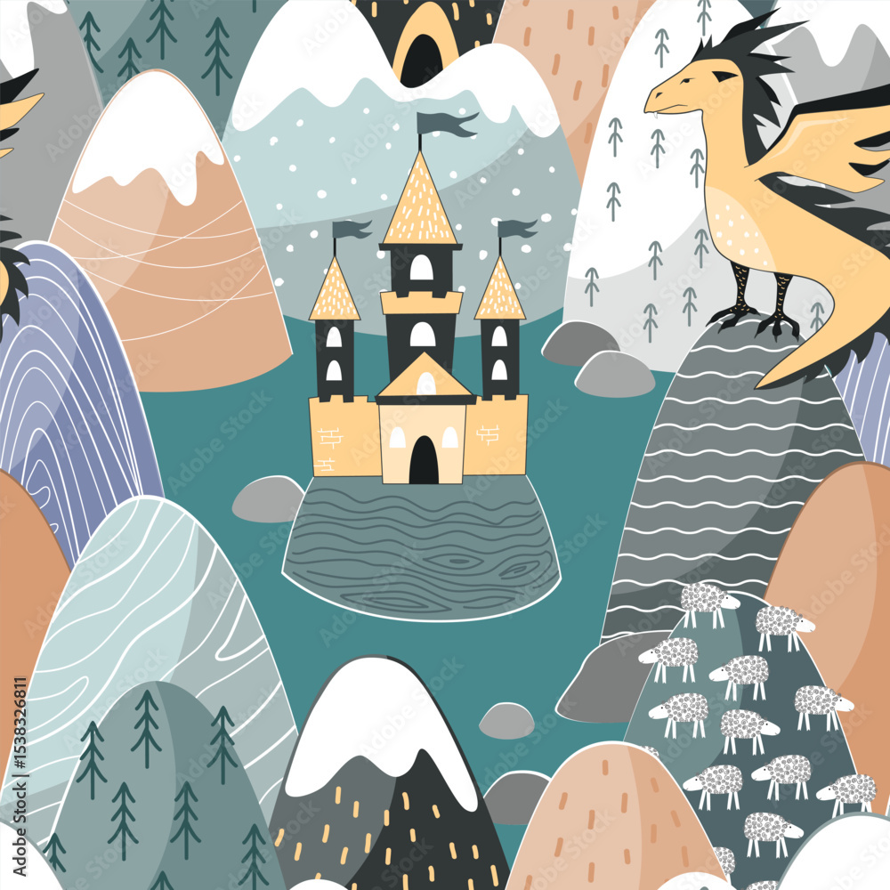 custom made wallpaper toronto digitalFairy tale seamless pattern with cute dragon, magic castle, and mountains. Fairy land hills pastel background for kids, vector illustration.