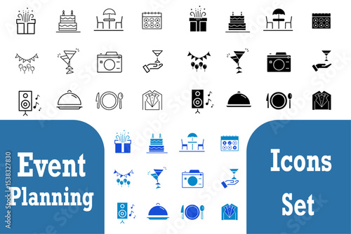 Event Planning line solid Icons. Calendar, invitation card, stage, pictures, decorations, venue, registration, entertainment, catering, invitations, coordination icons. Editable vector illustration