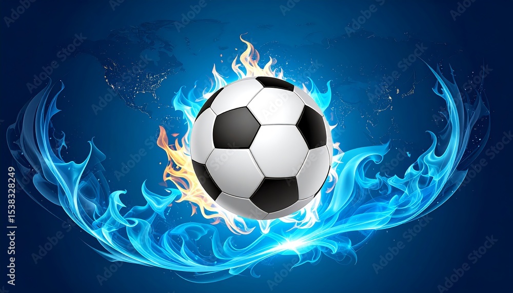 Naklejka premium Football in Flames with World Map Backdrop.
