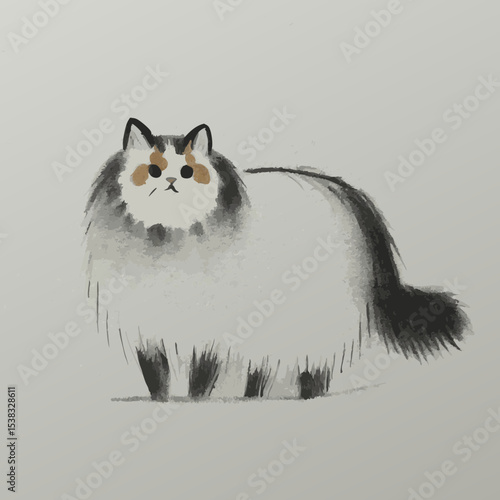 Cartoon illustration of fluffy cat standing on light gray background  