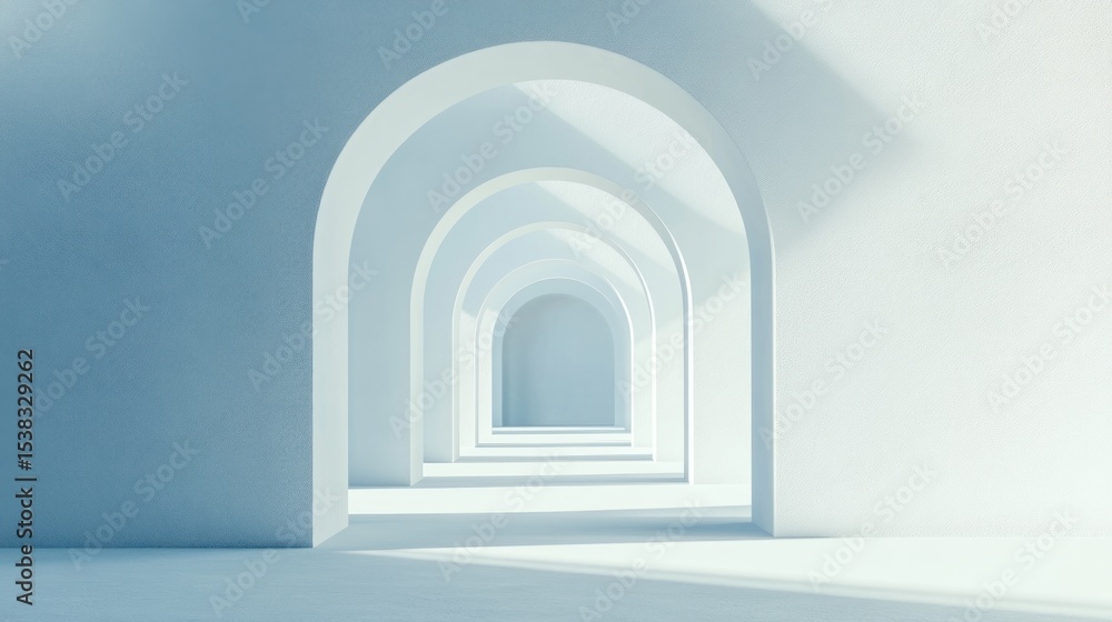 Fototapeta premium A light-filled architectural hallway with arched doorways.
