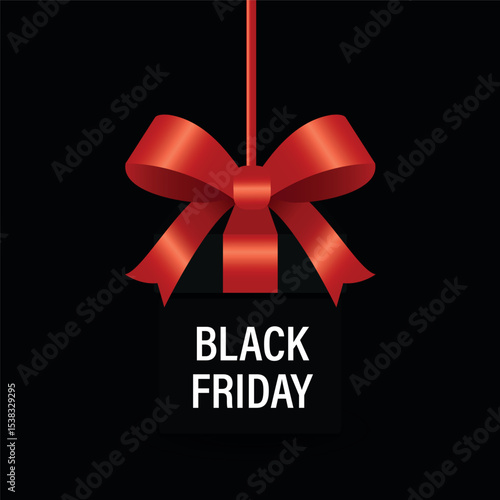 Black festive box with a large red gradient bow, black friday big discounts