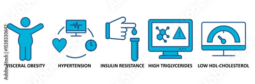 Symptoms of Metabolic Syndrome banner web icon vector illustration concept with an icon of Hypertension, Insulin Resistance, High Triglycerides, Low HDL-Cholesterol, Visceral Obesity