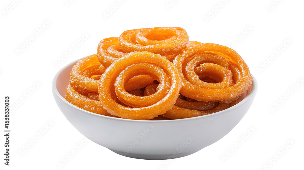 Fototapeta premium Top view of an extremely perfect looking Jalebi in a dark plate isolated on a white transparent background