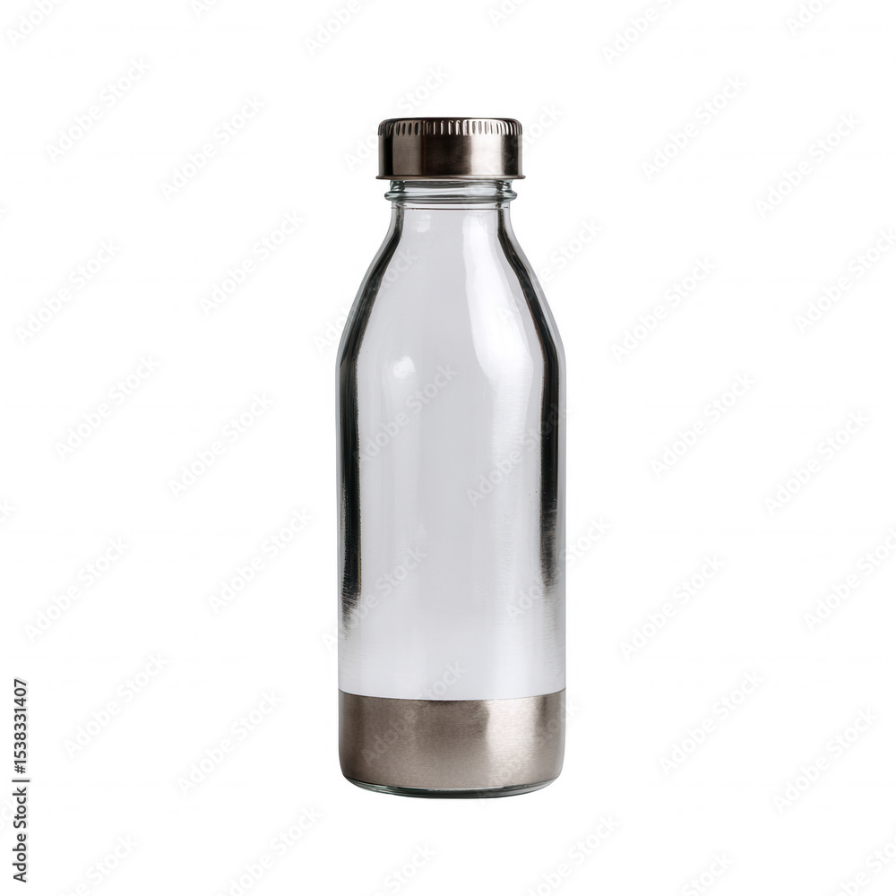 A sleek, modern glass bottle with a metallic base and lid, isolated on a white background. Ideal for showcasing beverages or minimalistic design elements. A sleek, modern glass bottle with a metallic base and lid, isolated on a white background. Ideal for showcasing beverages or minimalistic design elements.