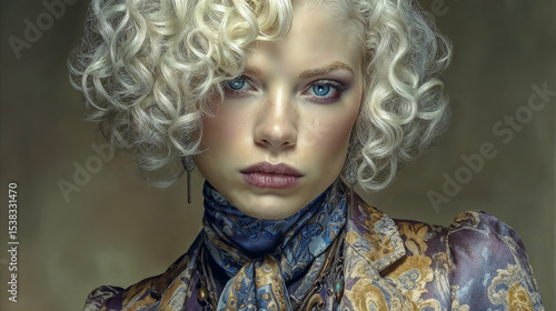 Curly-Haired Woman in Baroque Silk Attire with Intense Expression