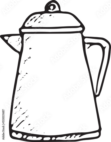 Hand-drawn sketch of a classic kettle in minimalist black-and-white line art, perfect for modern kitchen settings, ideal for home decor and cooking illustration designs