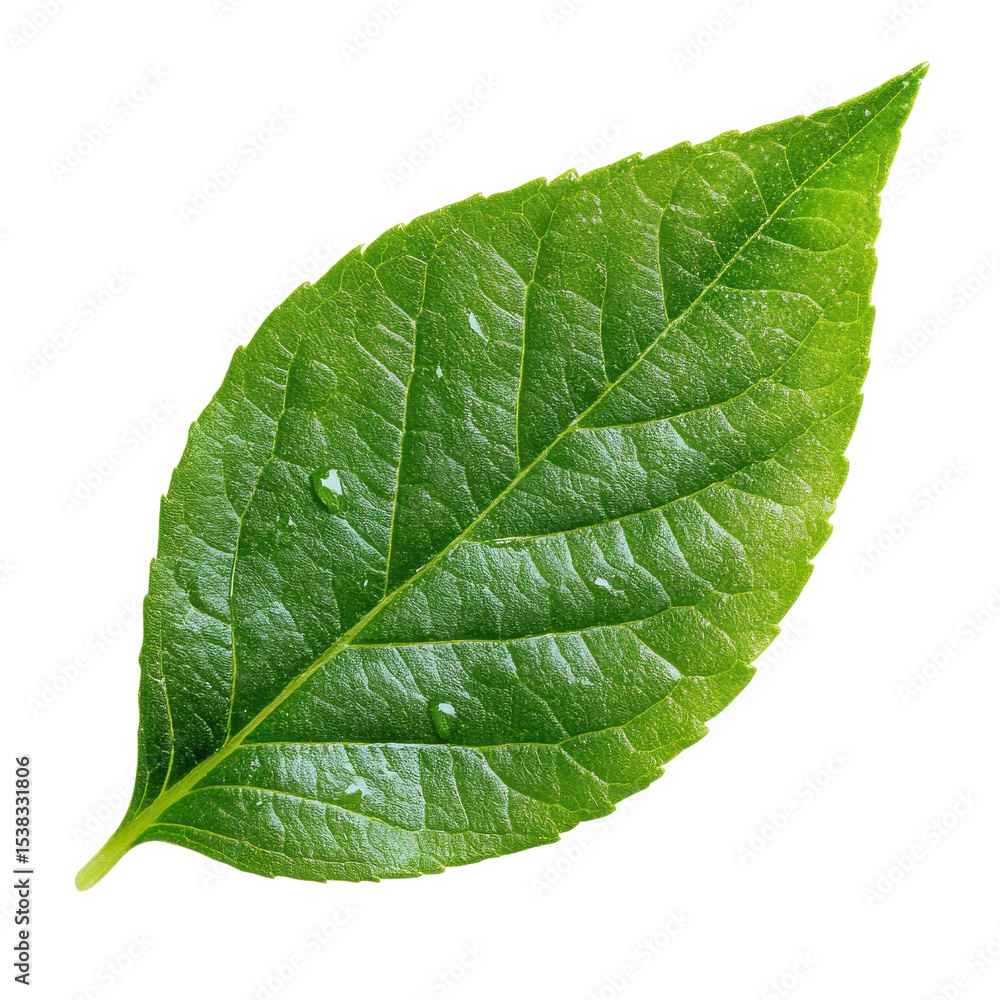 Obraz premium A single green leaf wet on transparent background