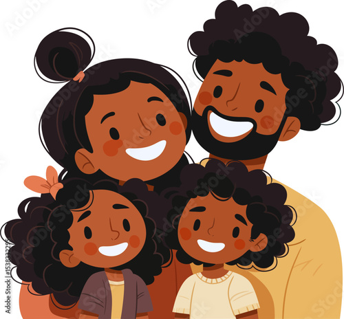 Cherished Family Portrait: A heartwarming illustration of a family. The image shows a father, a mother and their two children, all with happy expressions. 