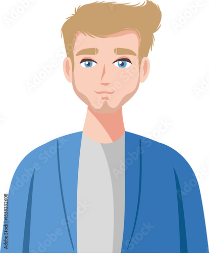 Confident Portrait: A charming individual with blue eyes, his short blonde hair, and a confident look, is dressed in a blue jacket.