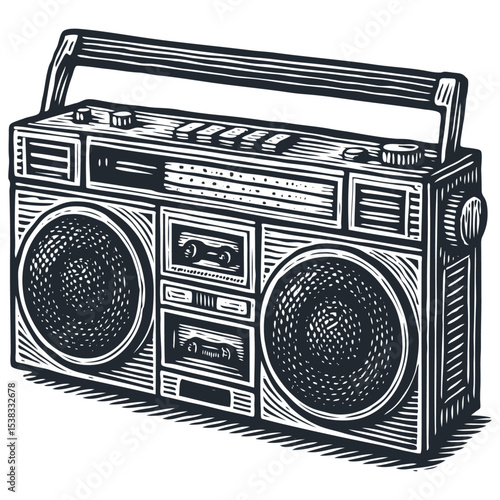 Vintage boombox vector. Retro ghetto blaster, cassette player with speakers, handle. Detailed linocut, engraving style. Monochrome audio, music art.