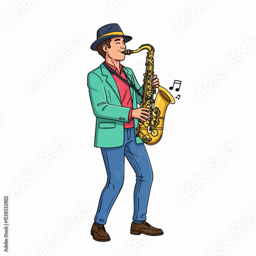 Smiling Male Musician Playing Saxophone Character