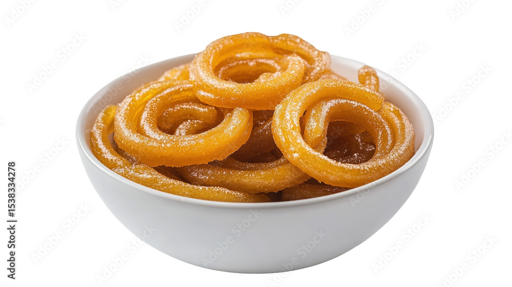 Fototapeta premium Top view of an extremely perfect looking Jalebi in a dark plate isolated on a white transparent background